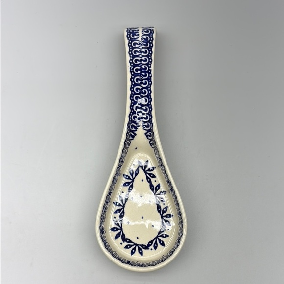 Artisanal Polish Pottery Blue and White Ceramic Spoon Rest Kitchen Tool - Picture 2 of 12